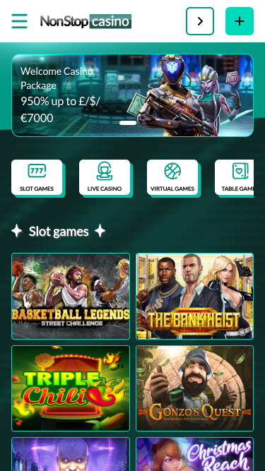 Page d'accueil mobile de NonStop Casino
