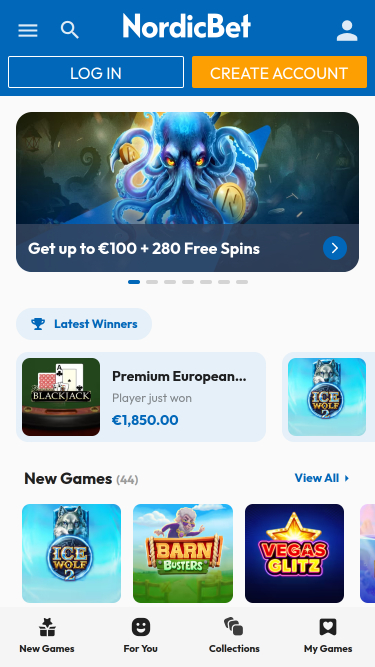 Page d'accueil mobile du casino NordicBet