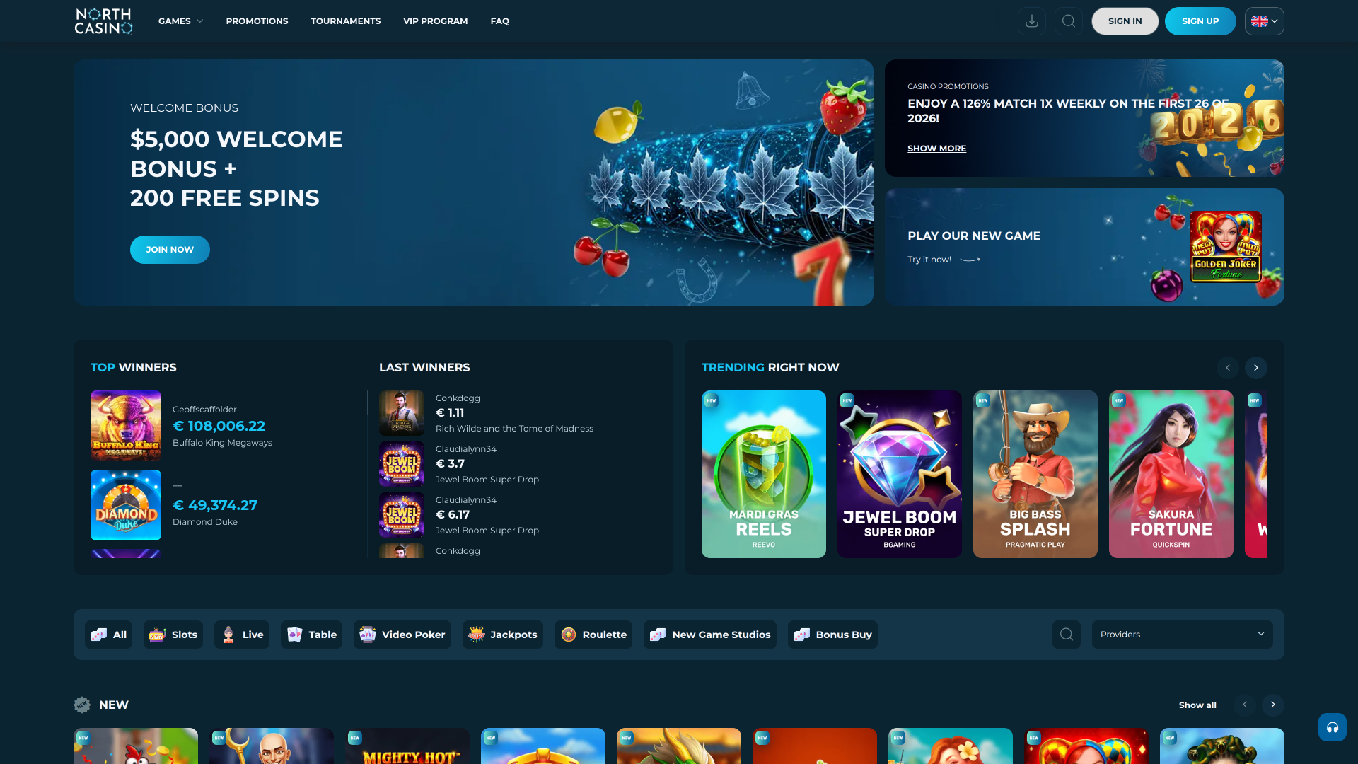 Página de inicio de escritorio de North Casino