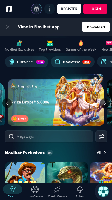 Novibet Casino Mobile Homepage