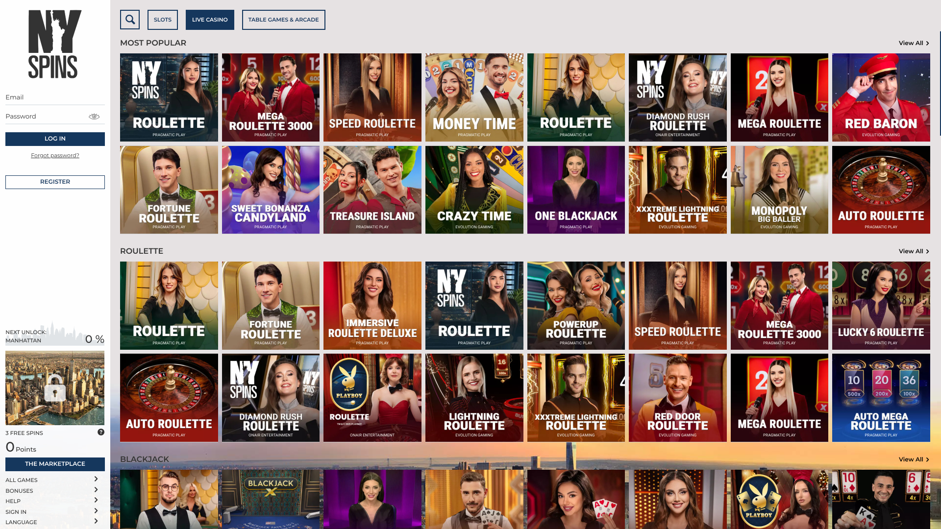 NYspins Casino Desktop Live Dealer