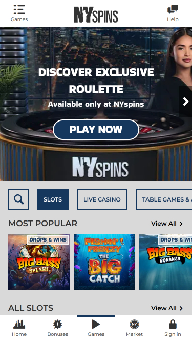 NYspins Casino Mobile Homepage