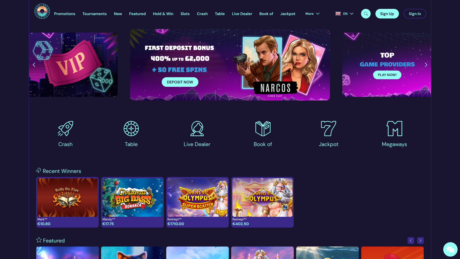 Page d'accueil du casino Ocean Breeze (ordinateur)