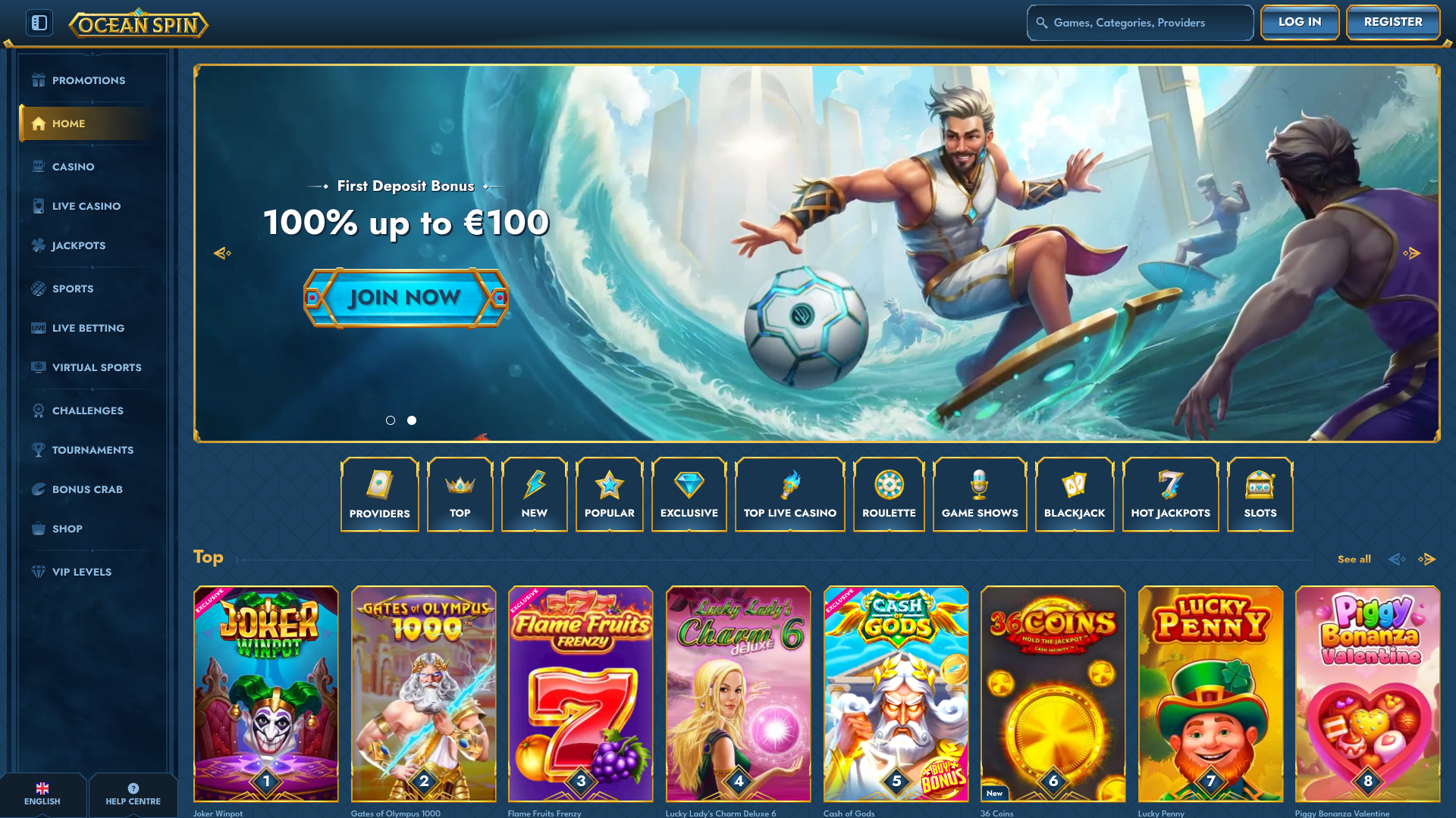 Page d'accueil du casino Oceanspin pour ordinateur