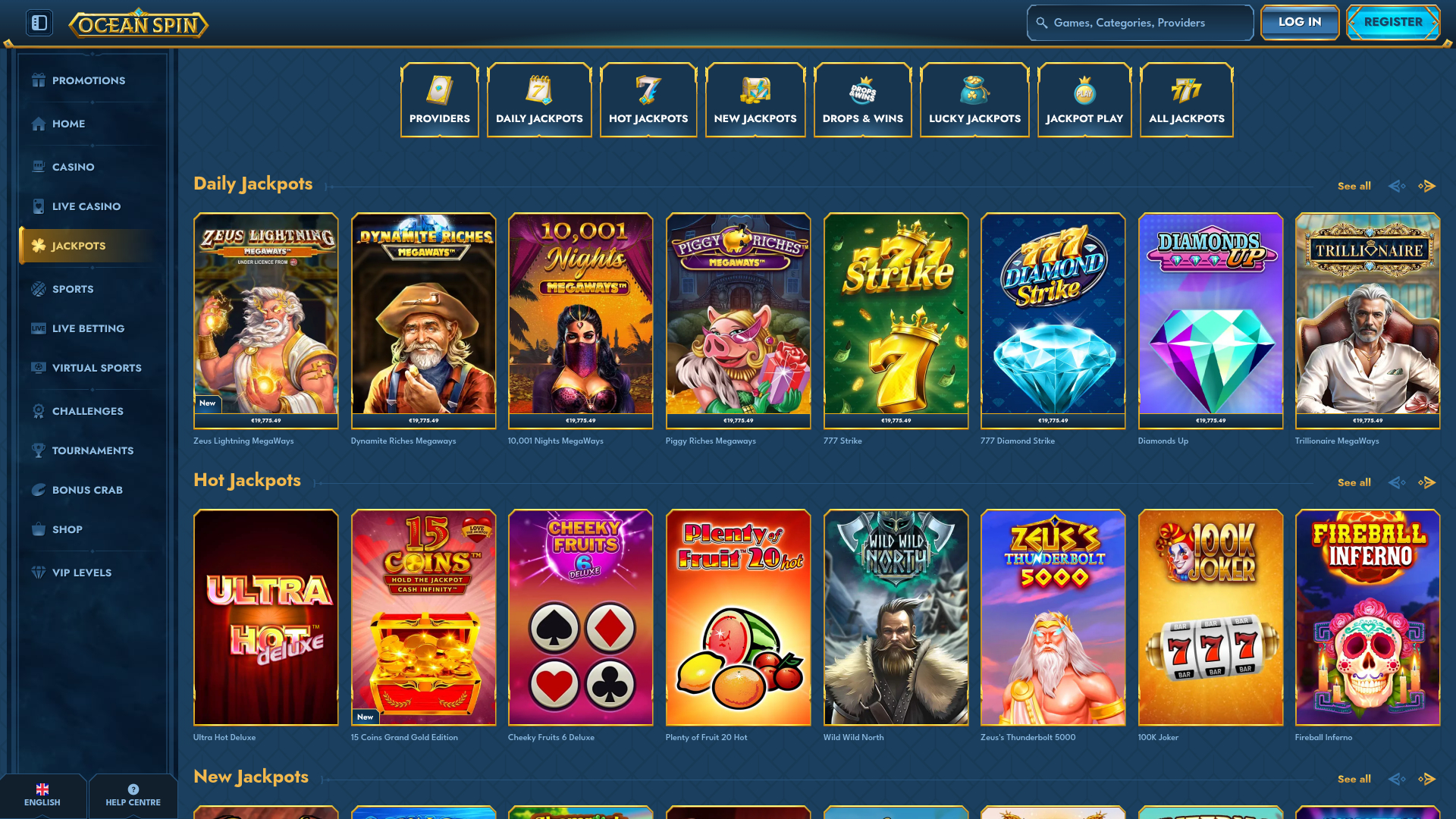 Jackpot de bureau du casino Oceanspin