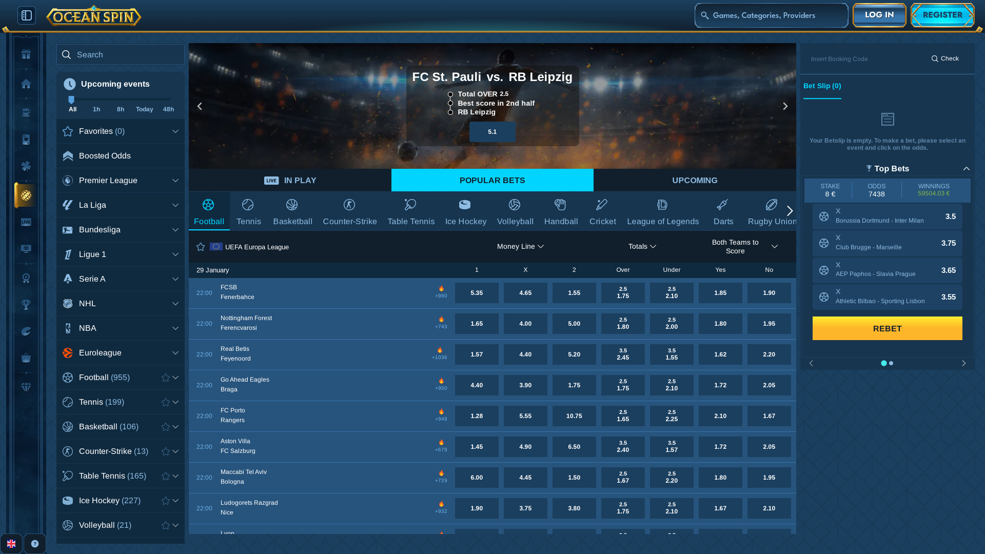 Sports sur ordinateur de bureau du casino Oceanspin