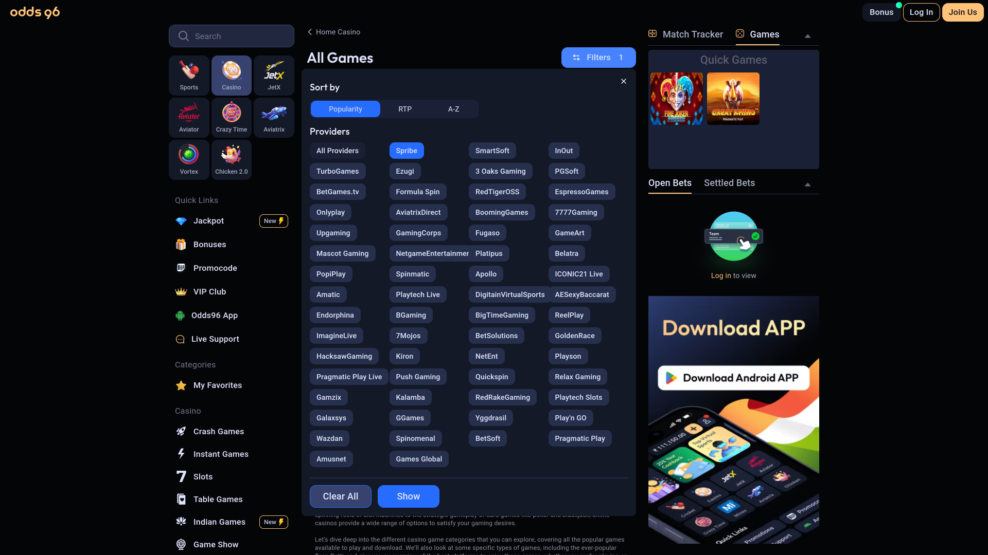 Développeurs du jeu de casino Odds96 pour ordinateur