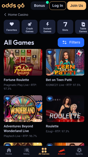 Casino mobile Odds96 avec croupier en direct