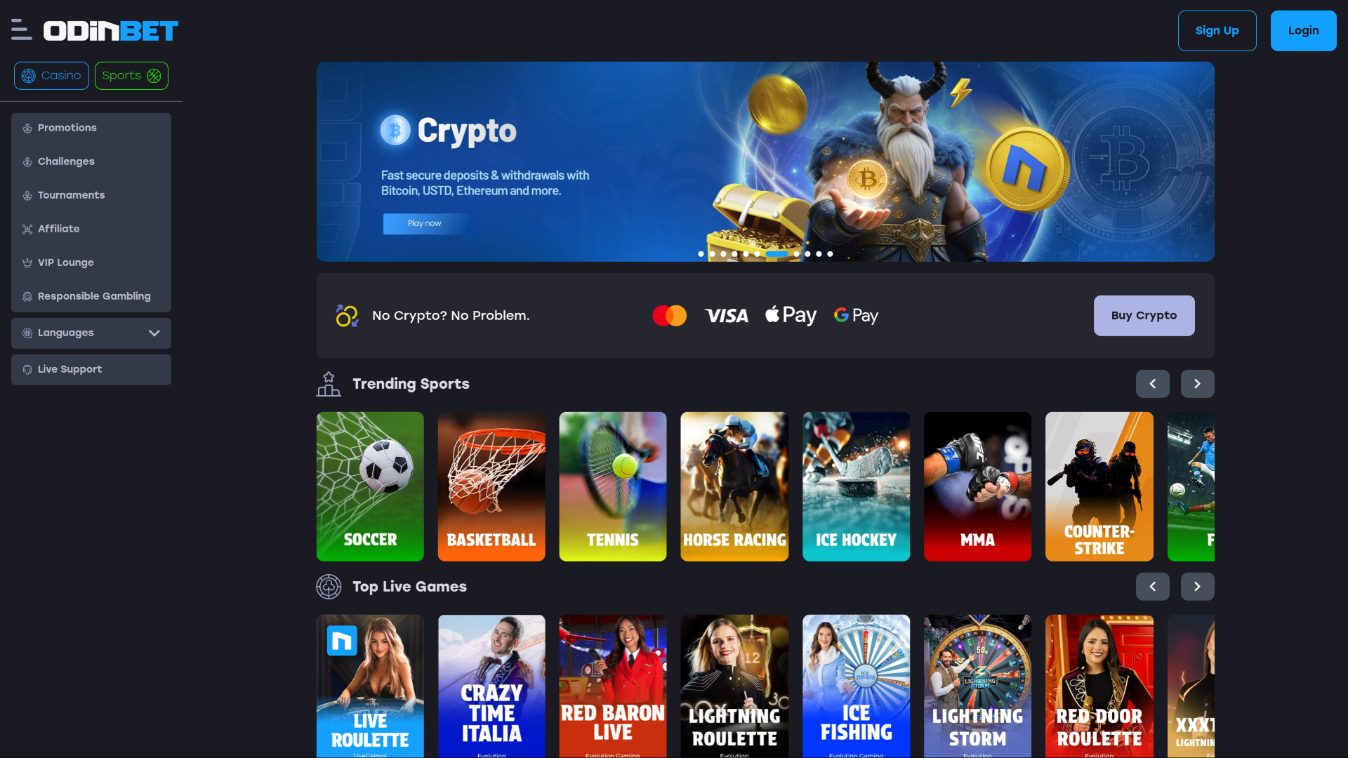 Homepage desktop del casinò Odinbet