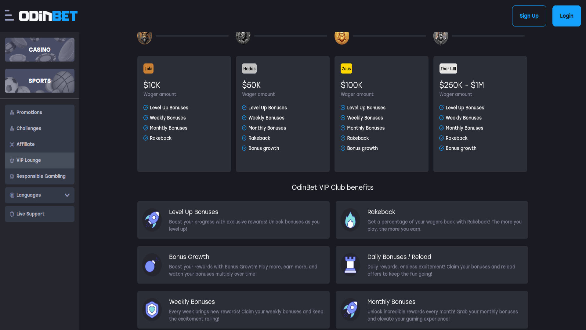 Screenshot della versione VIP di Odinbet Casino per desktop