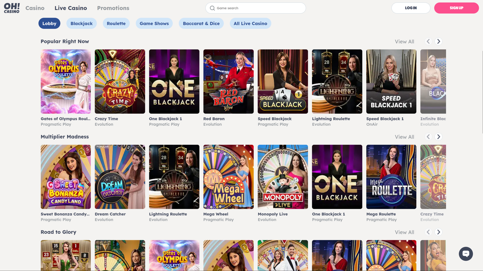 Page d'accueil des croupiers en direct d'Oh Casino