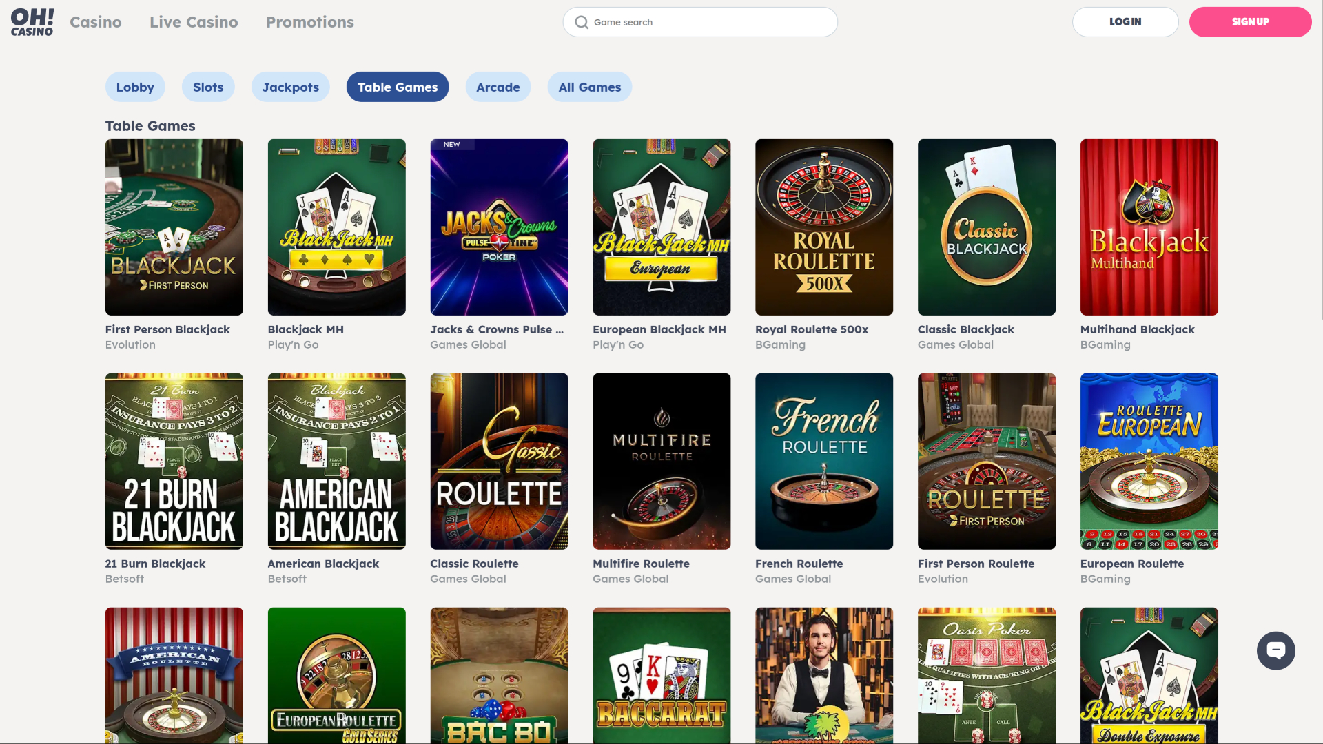 Page d'accueil des jeux de table de casino Oh