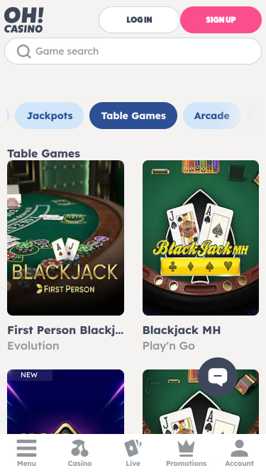 Jeux de table de casino sur mobile Oh Casino