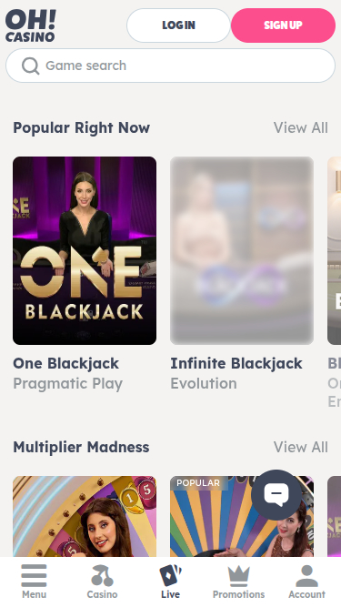 Capture d'écran du mode croupier en direct de Oh Casino pour mobile