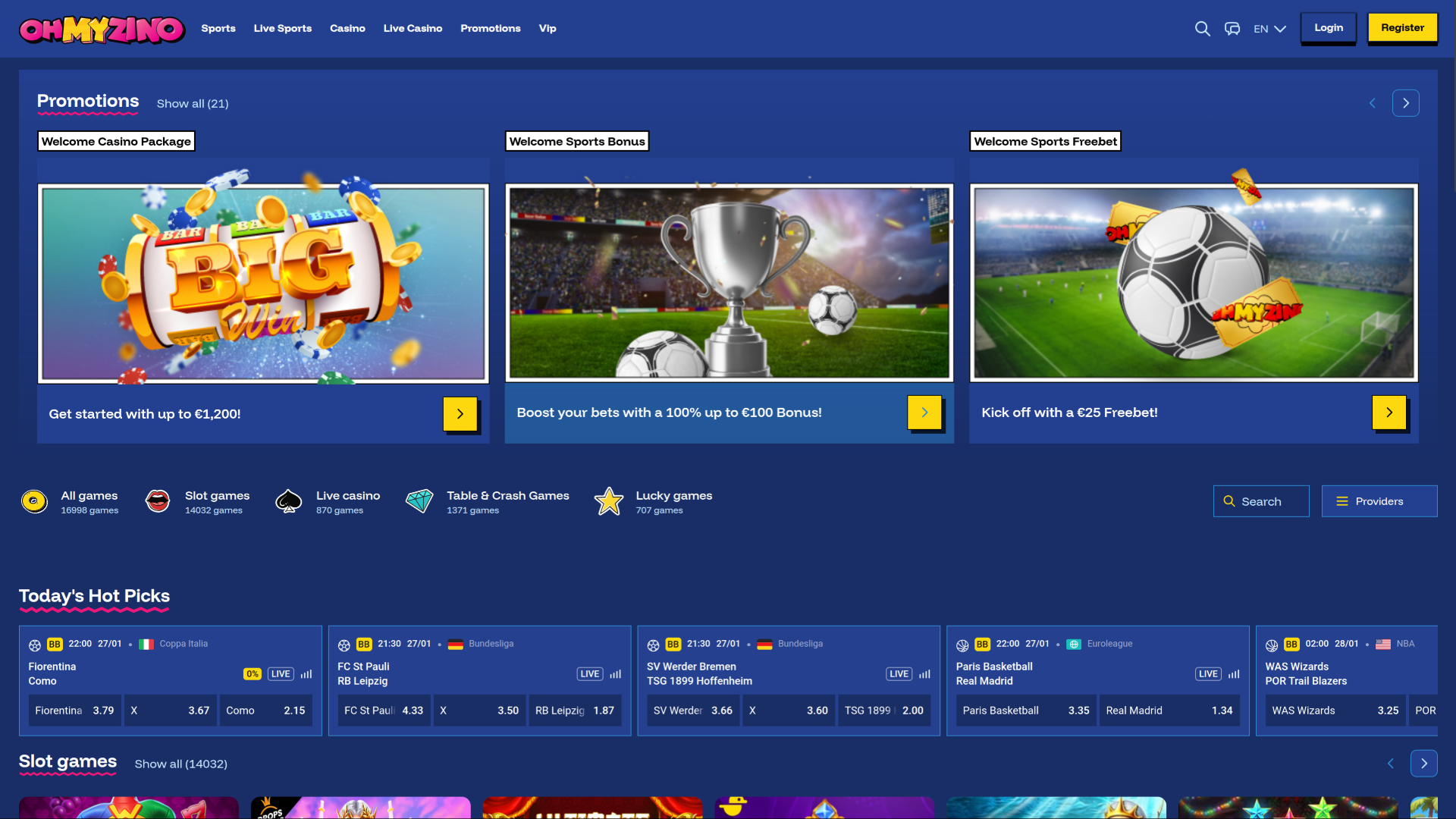 Page d'accueil du casino OhMyZino pour ordinateur