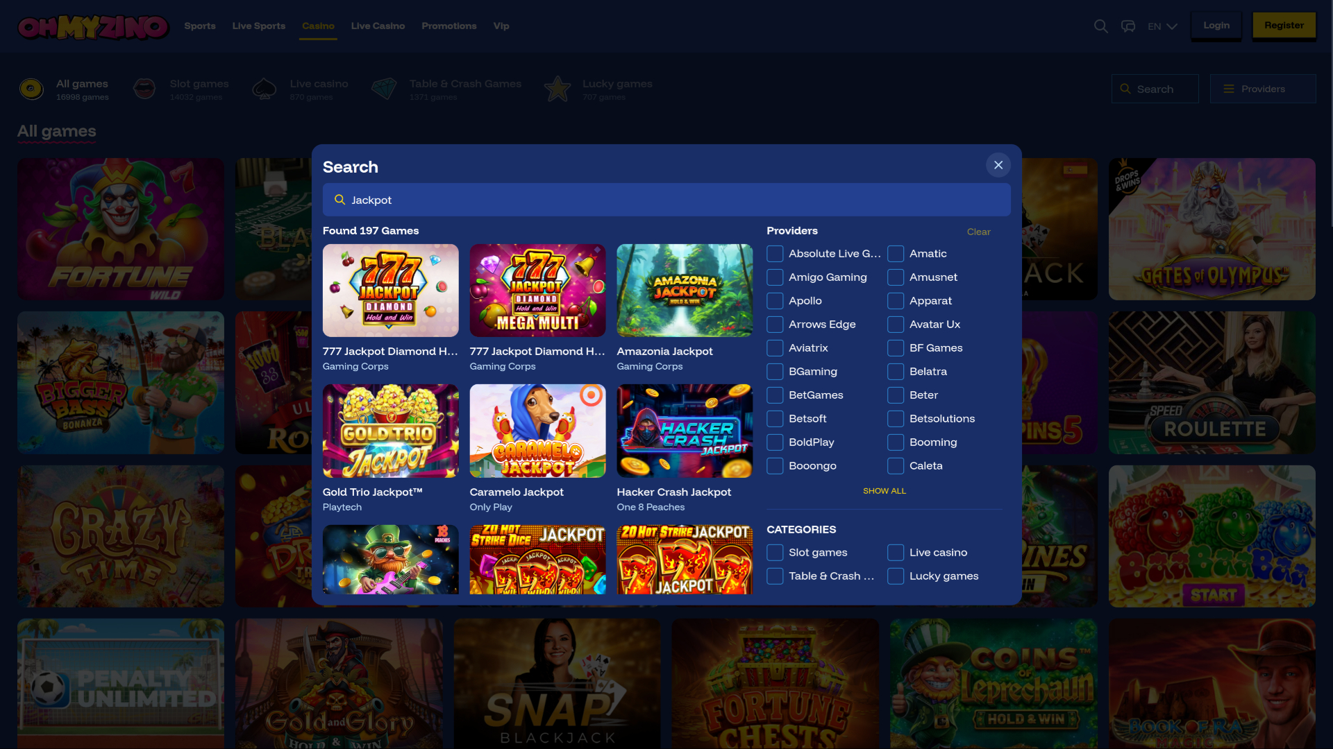 Jackpot du casino OhMyZino sur ordinateur