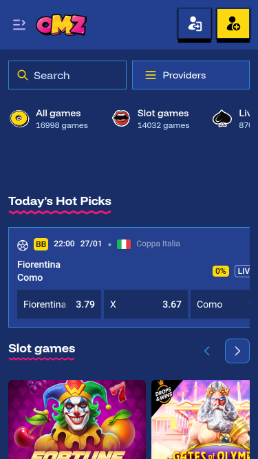 Page d'accueil mobile du casino OhMyZino