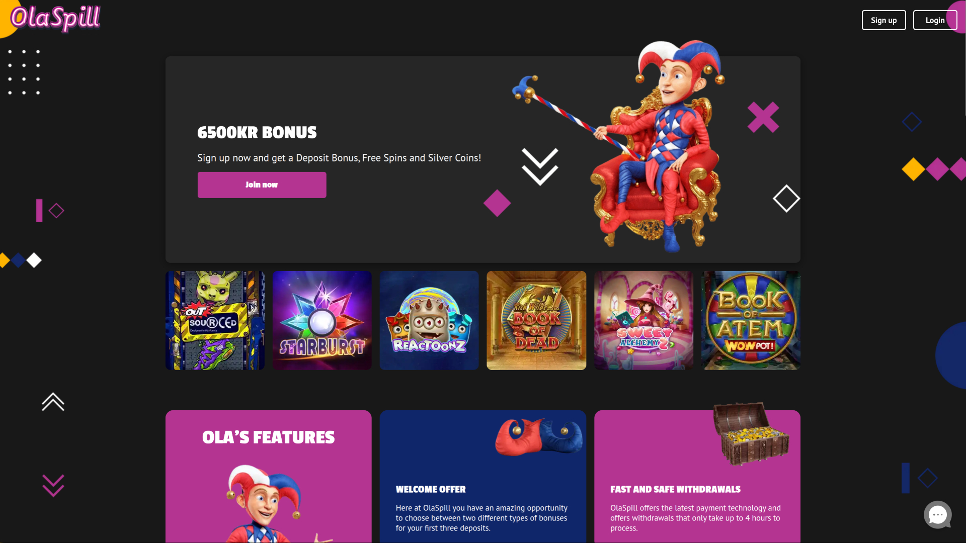 Page d'accueil du casino Olaspill pour ordinateur