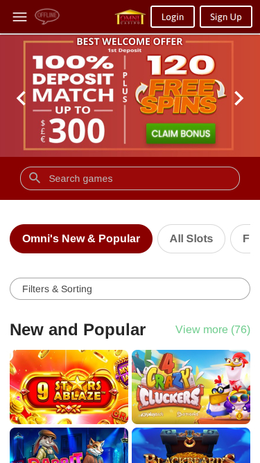 Page d'accueil mobile d'Omni Casino
