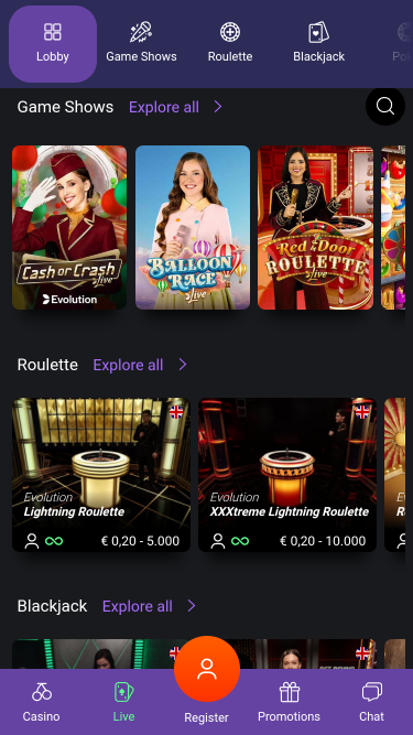 One casino mobile avec croupier en direct