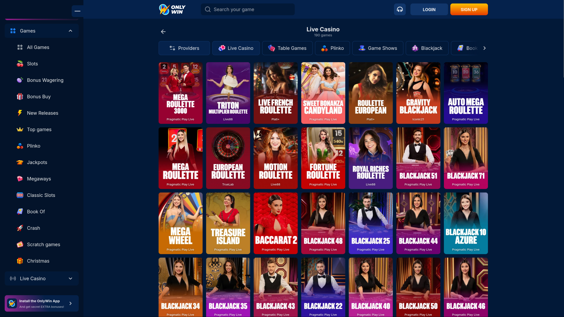 Croupier dal vivo per desktop di Only Win Casino