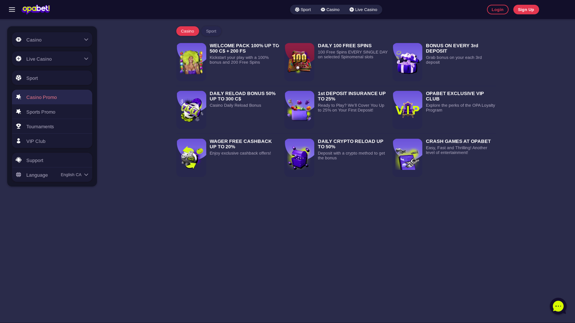 OpaBet Casino Desktop-Aktionen