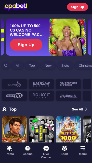 OpaBet Casino Mobile Homepage