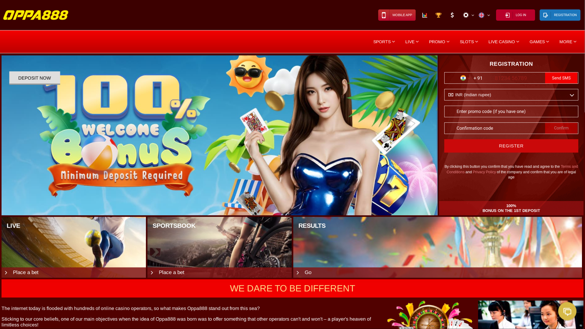 Page d'accueil de l'Oppa 888 Desktop