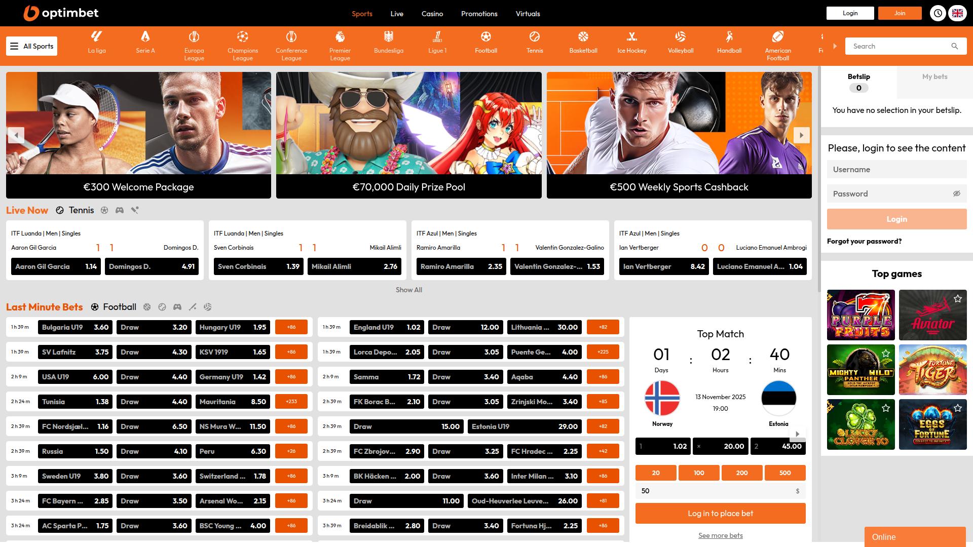 Optimbet Casino Homepage Desktop