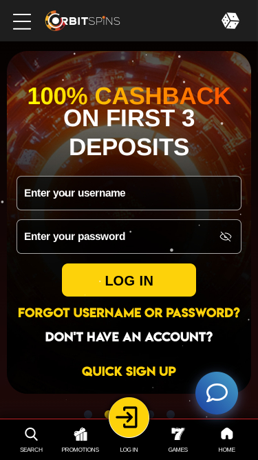 Orbit Spins Casino Mobile Homepage