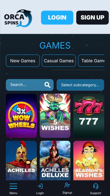 Pagina mobile dei giochi di Orca Spins Casino