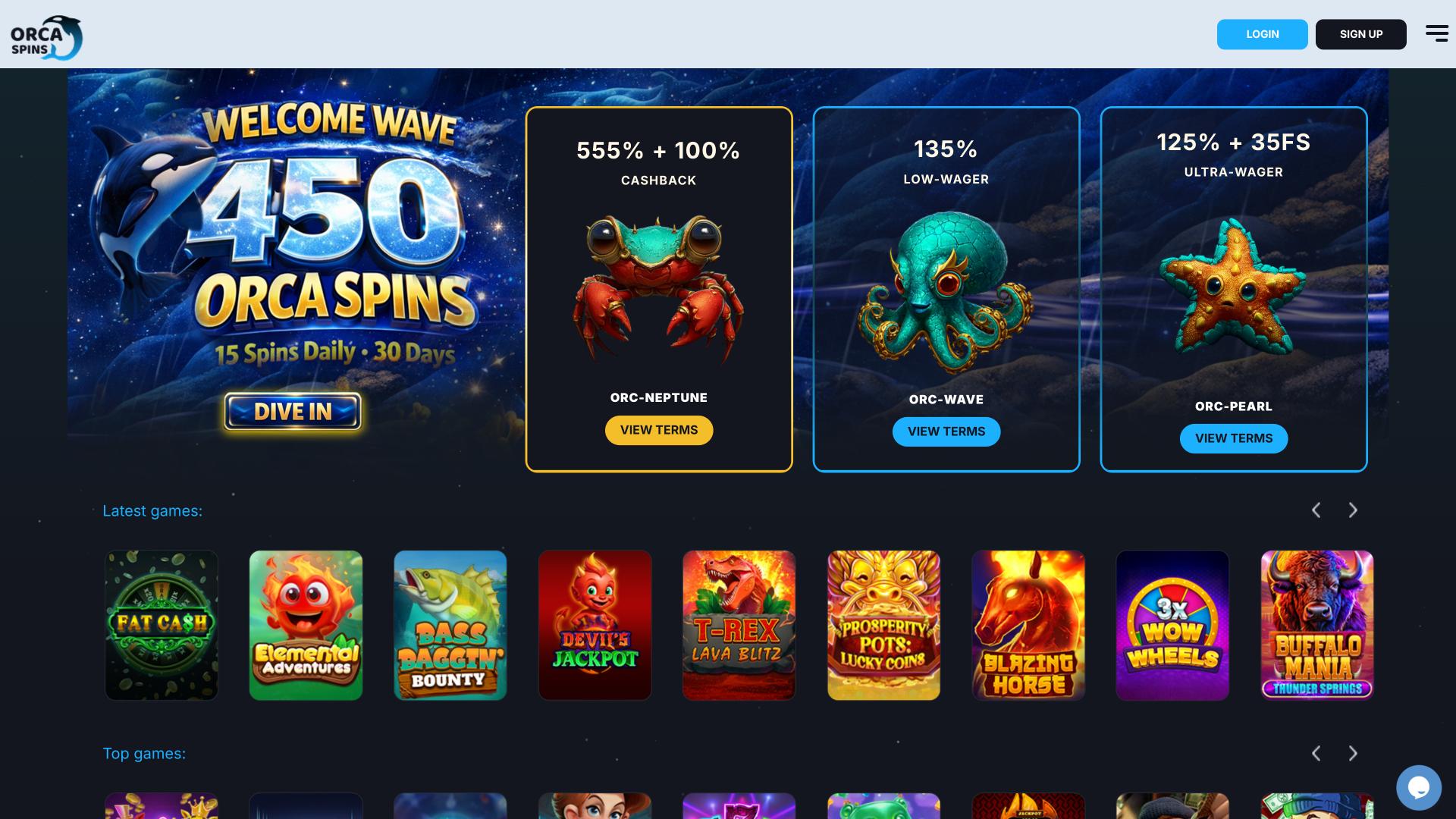 Pagina iniziale di Orca Spins Casino