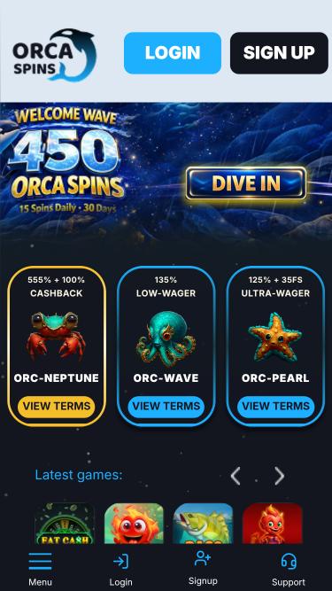 Pagina iniziale mobile di Orca Spins Casino