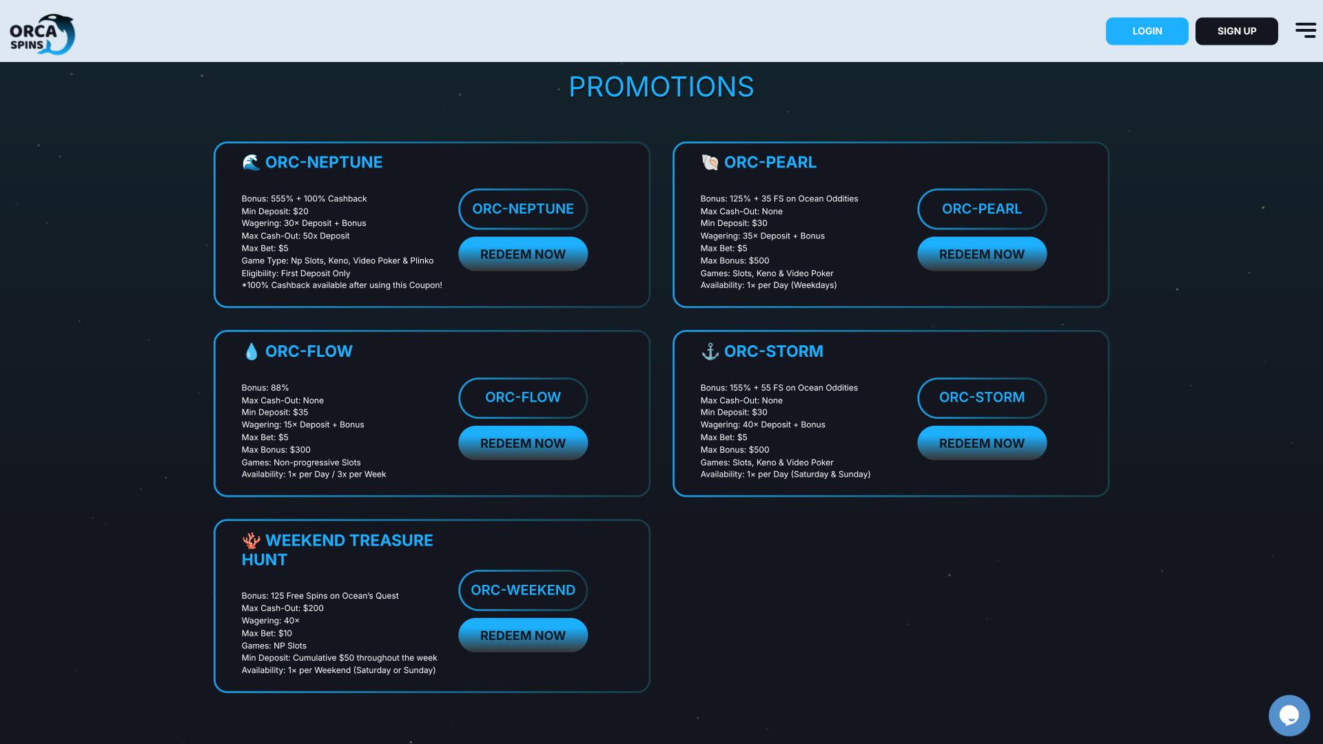 Pagina delle promozioni di Orca Spins Casino