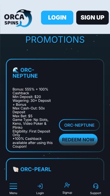 Pagina mobile delle promozioni di Orca Spins Casino