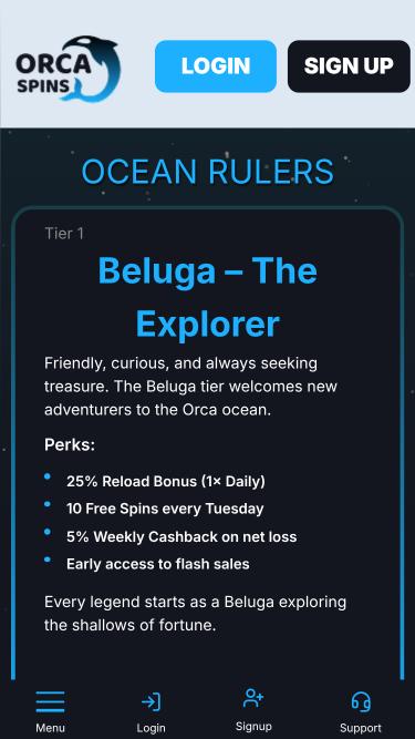 Pagina mobile VIP di Orca Spins Casino