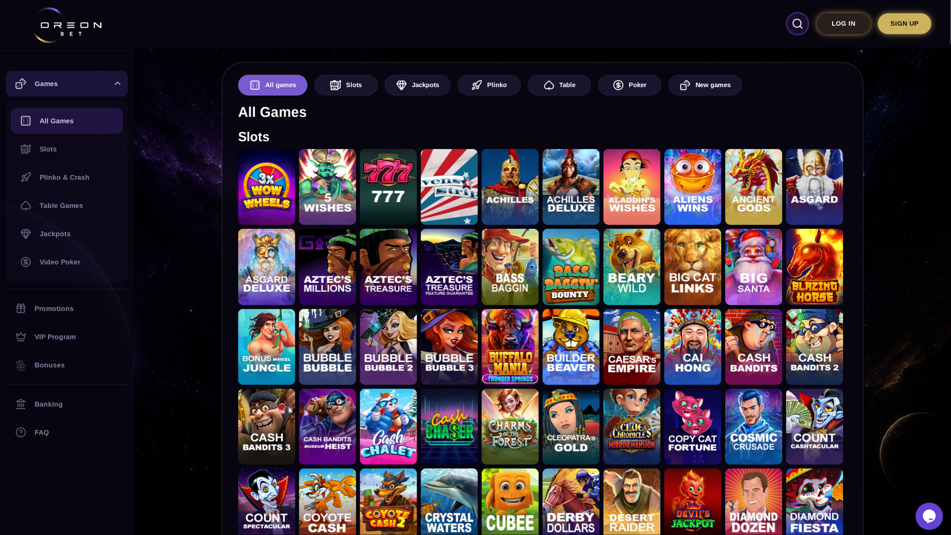 OreonBet Casino games page