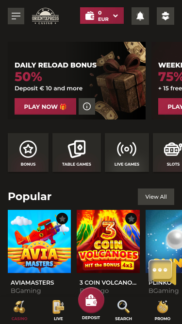 OrientXpress Casino Mobile Homepage