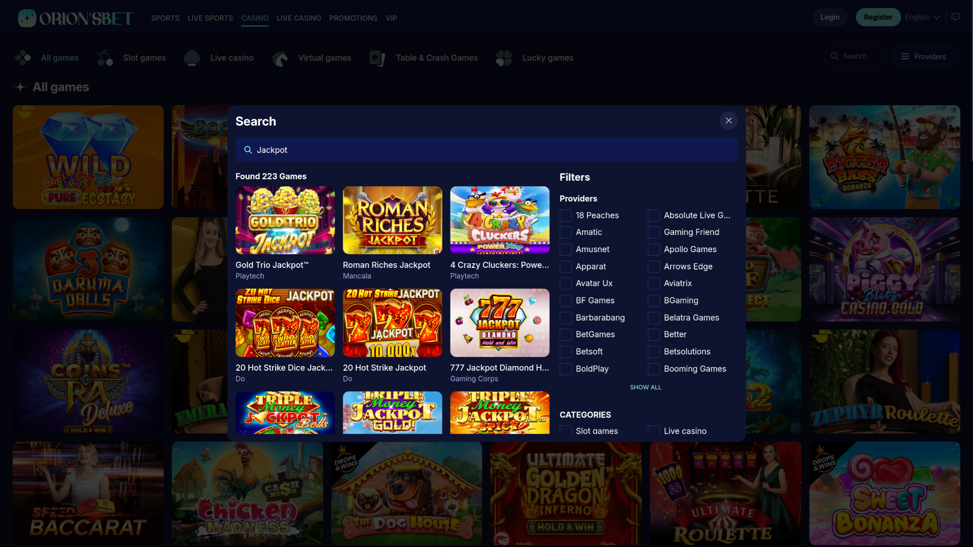 Jackpot OrionsBet sur ordinateur