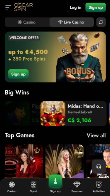 Capture d'écran mobile en direct du casino Oscarspin
