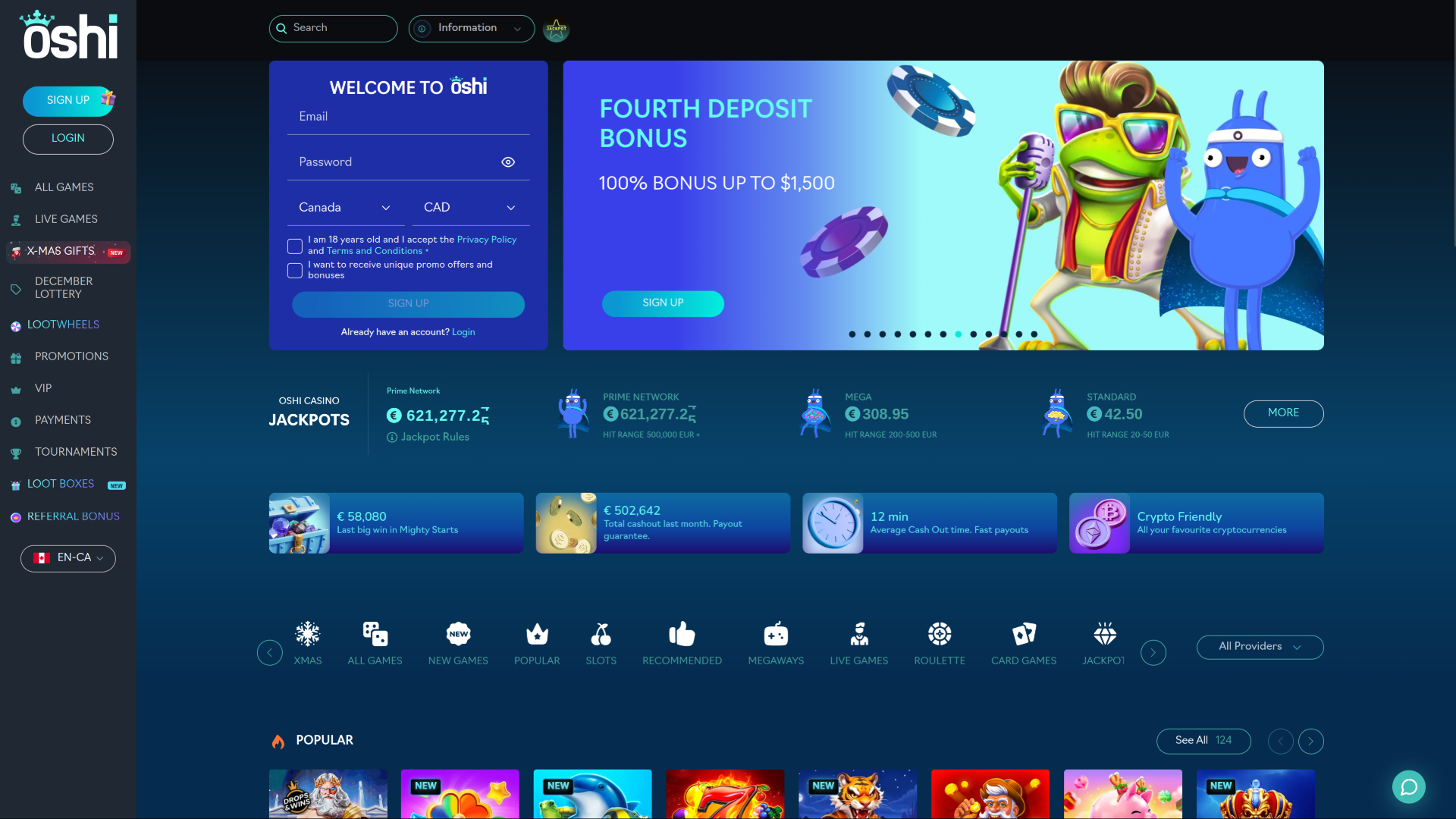 Page d'accueil du casino Oshi (ordinateur de bureau)