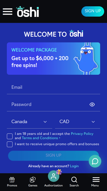 Page d'accueil mobile du casino Oshi