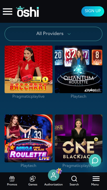 Casino mobile Oshi avec croupier en direct