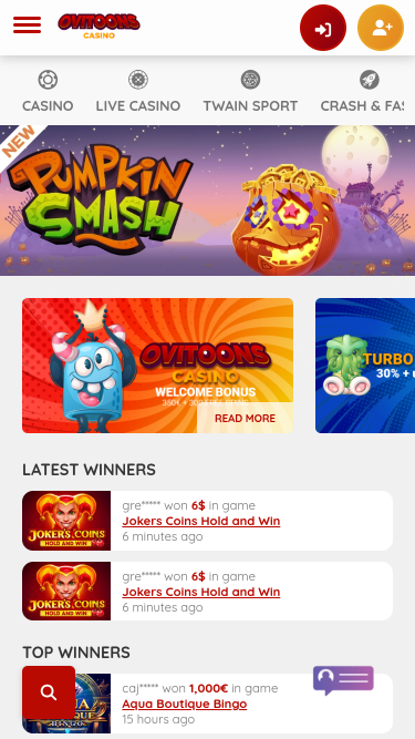 Page d'accueil mobile du casino Ovitoons