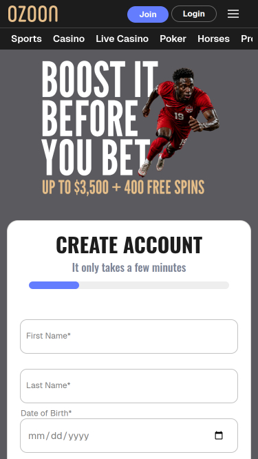Page d'accueil mobile du casino Ozoon