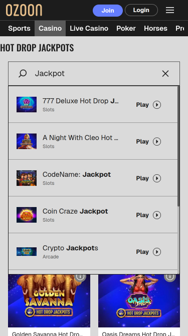 Jackpot mobile du casino Ozoon