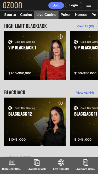 Casino mobile Ozoon avec croupier en direct