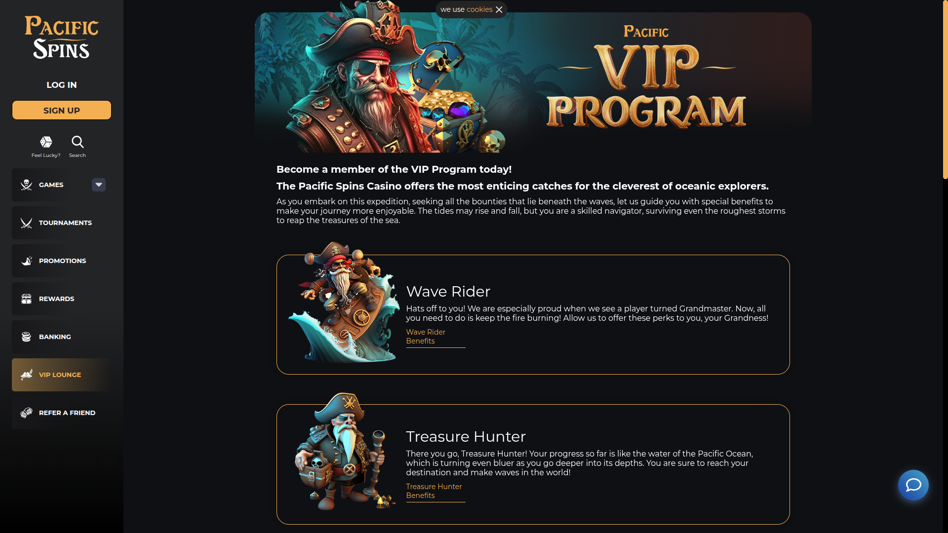 Programme VIP pour ordinateur de bureau du casino Pacific Spins