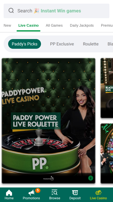 Casino móvil con crupier en vivo de Paddy Power