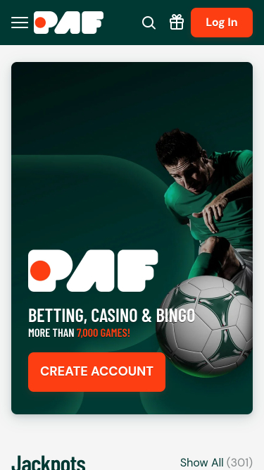 Página de inicio móvil de Paf Casino